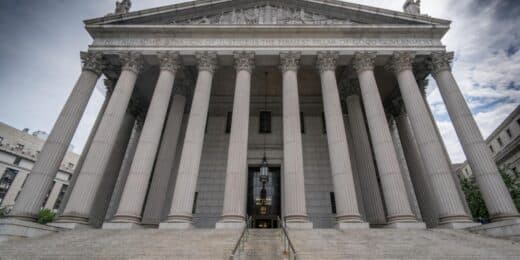 Low angle of the front entrance of the New York County Supreme Court House
